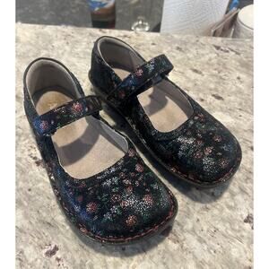 Alegria BEL-764 Mary Jane Leather Shoes Black Glitter Flower Size 37